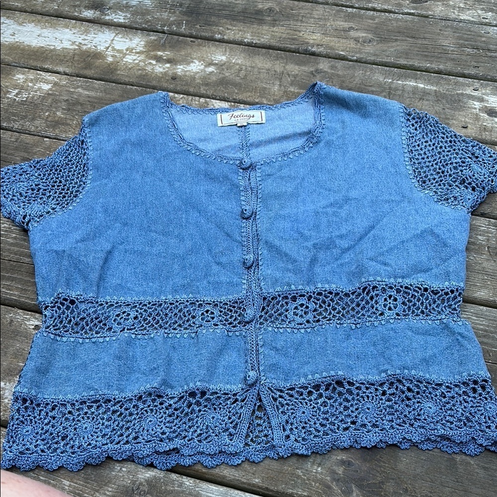 Vintage Blue denim and Crochet Trim Top size XL